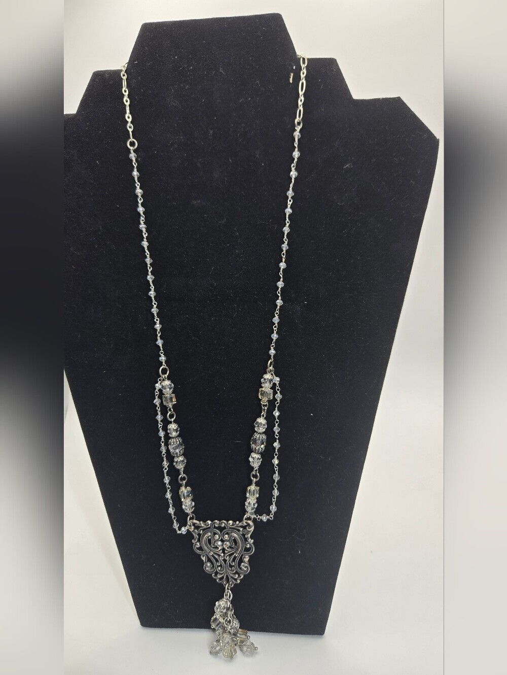 Filigree Necklace Rhinestone Beads in a Victorian Style Handmade Necklace